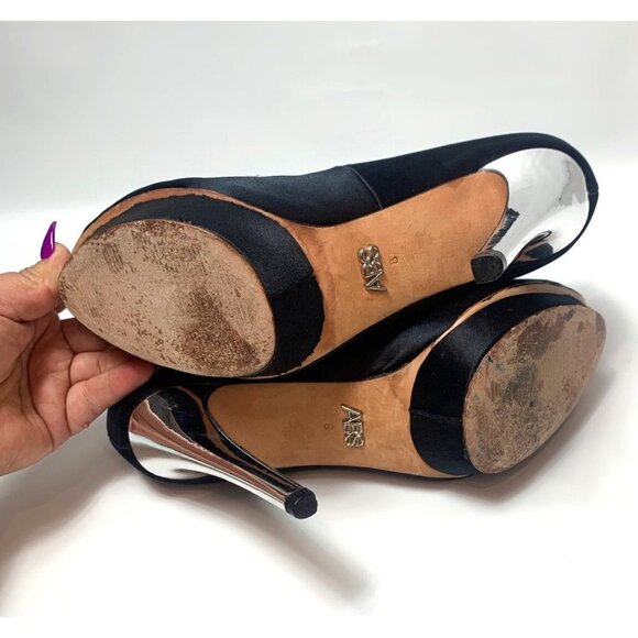 ABS Allen Schwartz Black Satin Atlas Platform Heels Size 8 - Picture 6 of 15